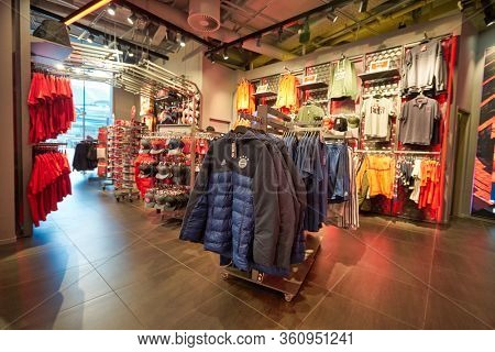 MUNICH, GERMANY - CIRCA JANUARY, 2020: interior shot of FC Bayern Munchen Fan-shop in Munich Airport.