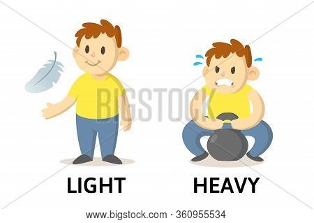 Words Light And Heavy Flashcard With Cartoon Characters. Opposite Adjectives Explanation Card. Flat 