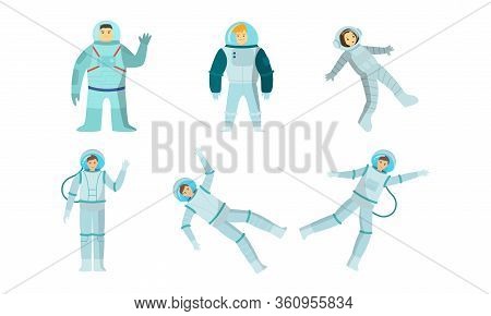 Set Of Young Smiling Men And Women Austronauts In Special Metallic Costumes