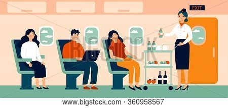 Passengers In Air Trip Waiting For Beverage Flat Vector Illustration. Business Class Travelers Sitti