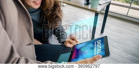 Digital Transformation Concept,asian Business Woman Learning From Tablet About Digitization Transfor