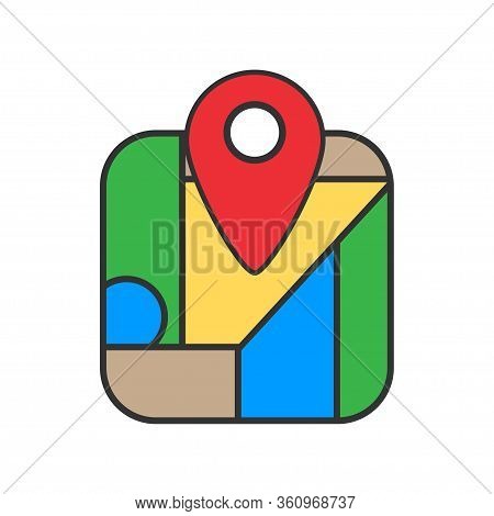 Navigation Map Icon With Red Location Pin. City Map In Flat Design On Paper In Cartoon Style. Trabel