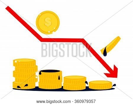 Oil Crisis. Money Coins In Oil And Arrow Dawn Icon Over White Background, Flat Style, The Oil Crash 