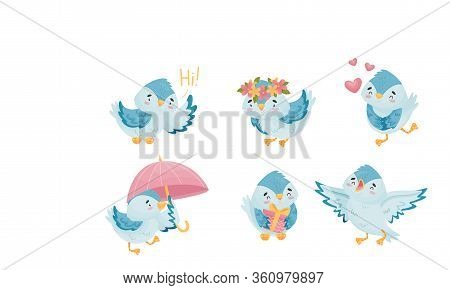 Cute Blue Bird Greeting And Standing With Spread Wings Vector Set