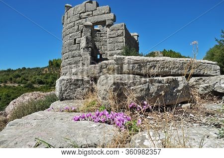 Fortification Wall Of The Arcadian Castle Of Famous Archaeological Site Near Ancient Messini, Pelopo