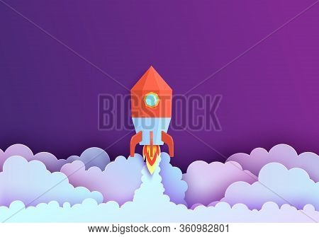 Rocket Take Off In Paper Cut Style. Night Sky And Red Origami Spacecraft Launch. Vector 3d Backgroun