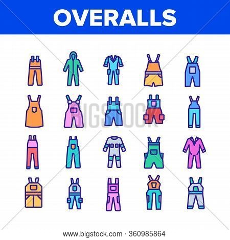 Overalls Worker Protect Clothes Icons Set Vector. Human Protection Overalls, Safety And Protective B