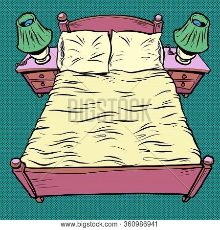Double Bed In The Hotel. Comics Caricature Pop Art Retro Illustration Drawing