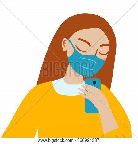 Girl In Medical Mask Makes Selfie. Vector Illustration In Flat Style.