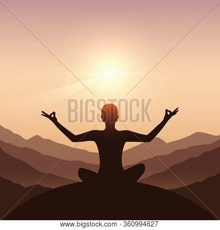 Peace Of Mind Meditation Concept Silhouette With Mountain Background Vector Illustration Eps10