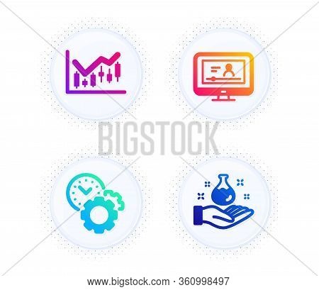 Time Management, Online Video And Financial Diagram Icons Simple Set. Button With Halftone Dots. Che