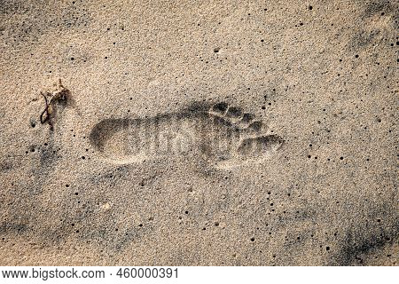 The Footprint Of A Person In The Wet Sand On The Beach.