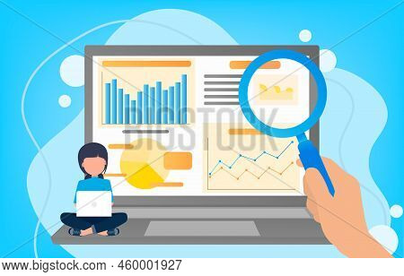 Business Concept. Businesswoman Reading Online Analysis And Reviews. The Dashboard Displays Data In 