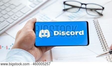 Logo Of Discord Group Chatting Application, Page In Mobile Phone. Social Net, Media Resource, Platfo