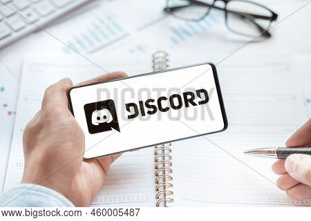 Logo Of Discord Group Chatting Application, Page In Mobile Phone. Social Net, Media Resource, Platfo
