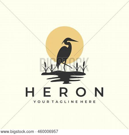 Heron Bird With Vintage Style Logo Vector Icon Design. Pelican, Flamingo, Template Illustration