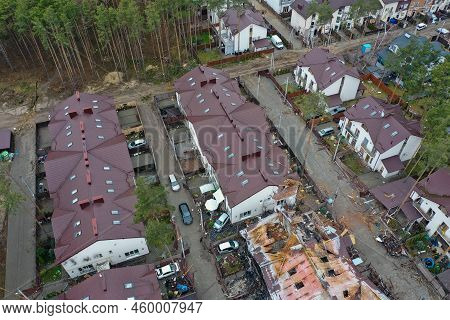 Hostomel, Kyev Region Ukraine - 09.04.2022: Top View Of The Destroyed And Burnt Houses. Houses Were