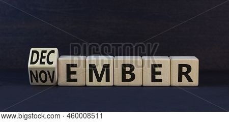 Symbol For The Change From November To December, Winter. Turned Wooden Cubes And Changed The Concept