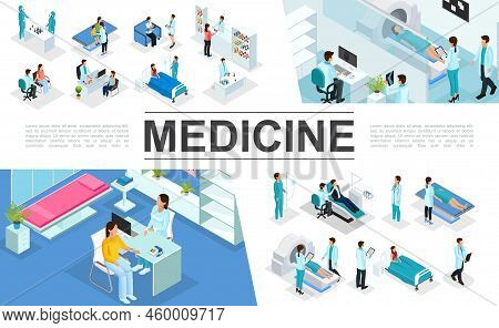 Isometric Medicine Elements Collection With Doctors Patients Nurses Medical Diagnostic Procedures Mr