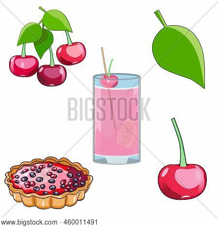 Vector Illustration Set With Cherries, Cherry Cocktail And Cerry Pie In Flat Technique