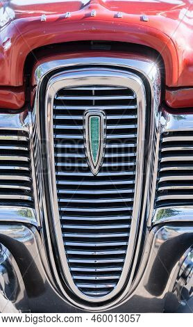 Loveland, Co - July 9,2022: Front Grille Of An Old Ford Edsel Automobile At The Loveland Classic Car
