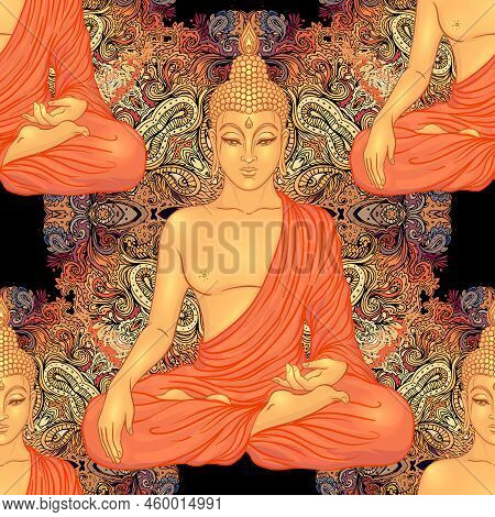 Buddha Head Seamless Pattern. Vintage Decorative Composition. Indian Buddhism, Spiritual Esoteric Mo