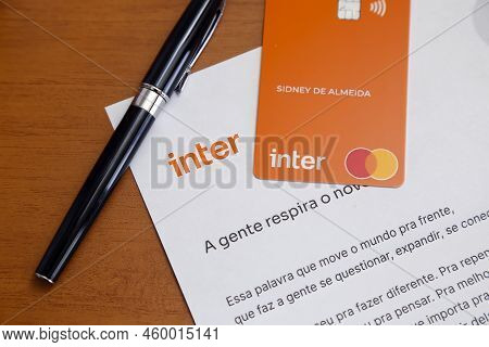 Minas Gerais, Brazil - July 09, 2022: Inter Bank Logo Credit Card And Mastercard Brand