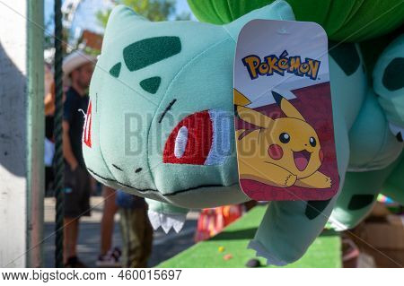Calgary, Alberta, Canada - July 16, 2022: A Bulbasaur Pokemon Stuffed Plush Toy Offered As A Prize F