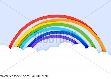 Papercut Style Rainbow With Clouds Background Vector Design Illustration