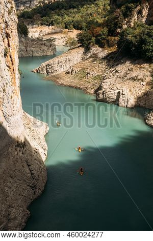 Aerial View Of The Congost De Mont-rebei Gorge And Kayakers In Catalonia, Spain