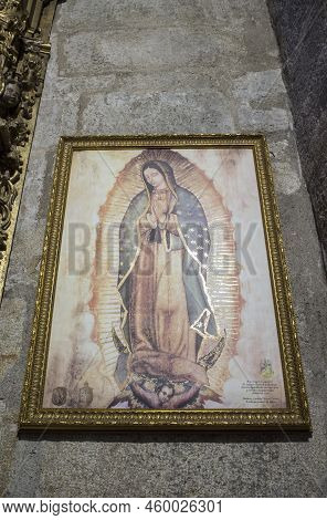 Caceres, Spain - Oct 26th, 2021: Our Lady Of Guadalupe Painting, Reprod. From Sagrado Ayate De Juan 