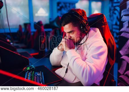 Guy Young Man Noob Newbie Gamer Loss Playing Gaming Game On Computer At Game Club.