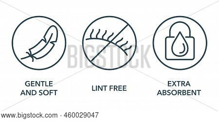 Cotton Rouds Properties Icons Set - Gentle And Soft, Lint Free And Extra Absorbent In Thin Line Deco