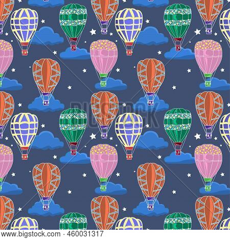Seamless Pattern Of Icterine, Middle Purple, Cader Chest, Spanish Viridian Color Hot Air Balloon Wit