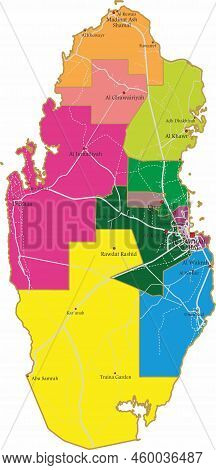 Vector Administrative Color Map Of The State Of Qatar. Territory With Borders Of Regions And Large C