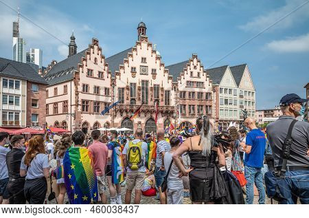 Frankfurt, Germany - July 17, 2021: The Gay Pride Demonstration In Romerberg Square