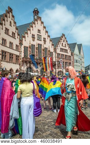Frankfurt, Germany - July 17, 2021: The Gay Pride Demonstration In Romerberg Square