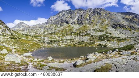 Beautiful Panoramic Mountain Lake Landscape, Pleso Nad Skokom, Vodopad Skok, Vysoke Tatry, High Tatr