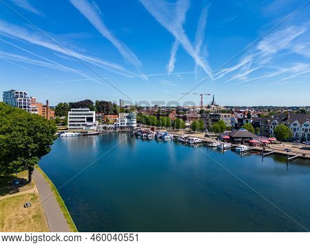 Aerial View With Drone Of The Beautiful City Turnhout In Belgium, Europe, As Seen From The Harbor. H