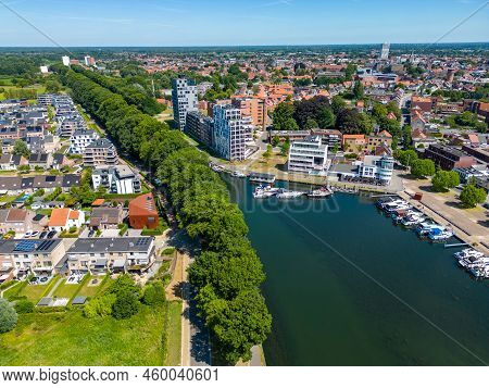 Aerial View With Drone Of The Beautiful City Turnhout In Belgium, Europe, As Seen From The Harbor. H