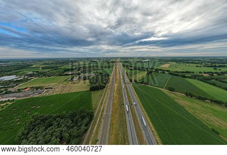 Brecht, Belgium, 6th Of July, 2022, Panoramic Aerial Drone View Of Wind Farm Or Wind Park, With High