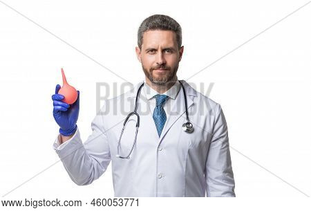 Doctor Hold Lavement Isolated On White. Lavement For Medical Procedure. Nurse Man With Lavement