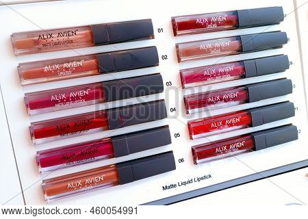 Dushanbe, Tajikistan - August 12, 2022: Alix Avien Cosmetics Various Red Mate Liquid Lipsticks And L