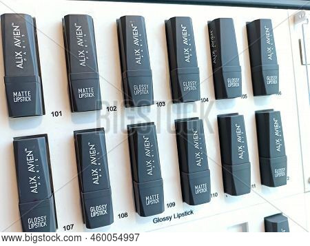 Dushanbe, Tajikistan - August 12, 2022: Alix Avien Cosmetics Various Lipsticks Showcase On The Displ