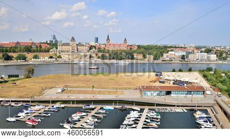 Szczecin, Poland. 17 August 2022. Aerial View On Szczecin City,  Port And Odra  River Bank