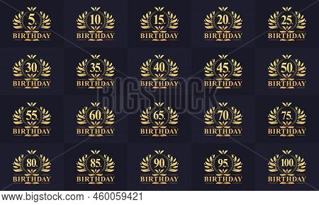 Happy Birthday Logo Bundle. Retro Vintage Birthday Logo Set. 5th, 10th, 15th, 20th, 25th, 30th, 35th
