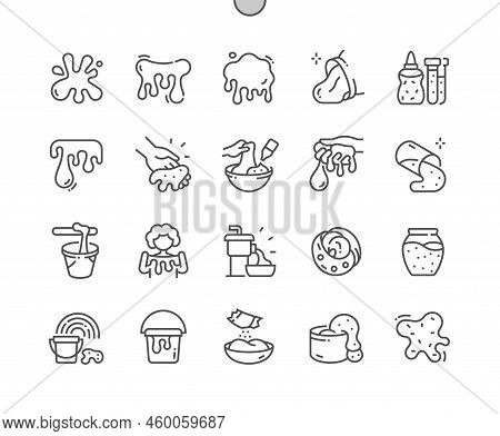 Slime. Mucus Liquid. Kids Toy. Slime In Bottle And Container. Pixel Perfect Vector Thin Line Icons. 