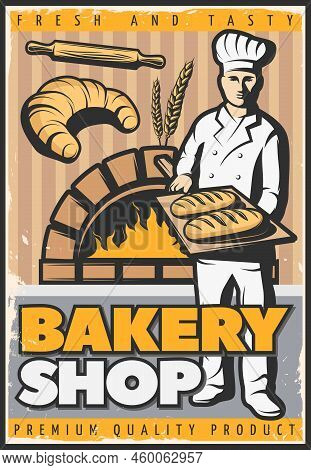 Colorful Poster For Bake Shop In Vintage Style With Baker Character With Trencher And Bread Vector I
