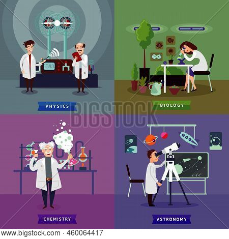 Flat Scientific Research Square Concept With Chemist Biologist Physicists And Astronomer In Laborato