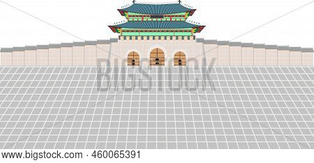 Gwanghwamun Gate And Long Wall And Large Courtyard At Gyeongbokgung Palace In Seoul South Korea.